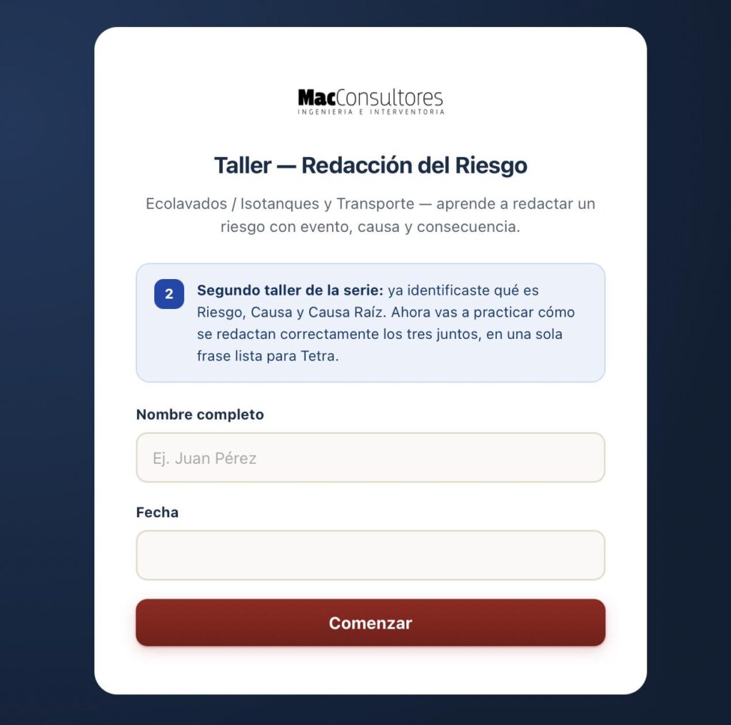 Taller — Redacción del Riesgo Ecolavados / Isotanques y Transporte — aprende a redactar un riesgo con evento, causa y consecuencia.